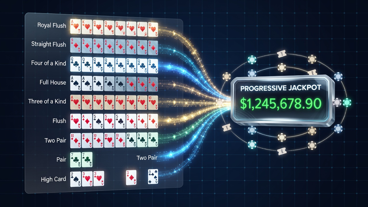 Diagram showing poker hand rankings integrated with progressive jackpot triggers in hybrid casino platforms