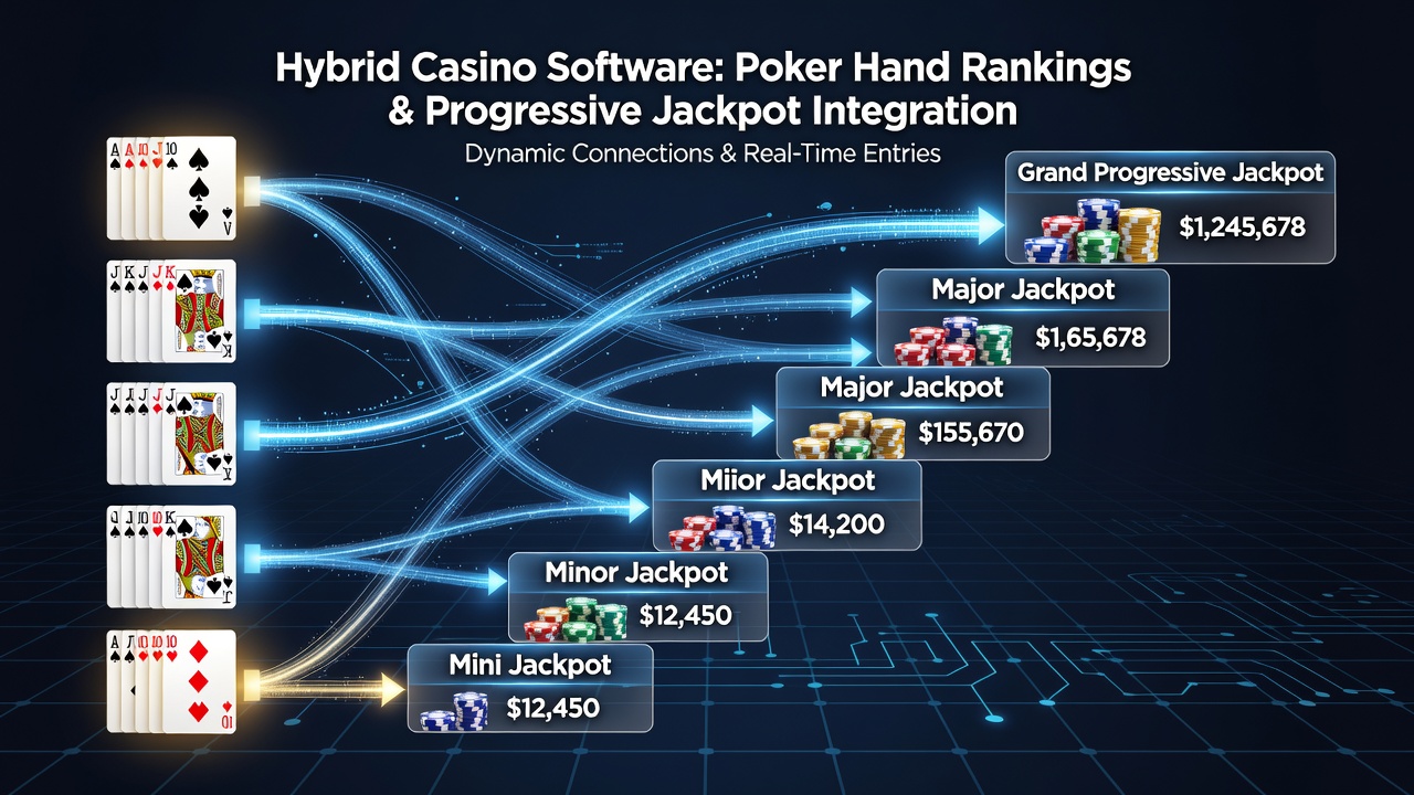 Flowchart of progressive jackpot entry process triggered by poker hands in hybrid casino software