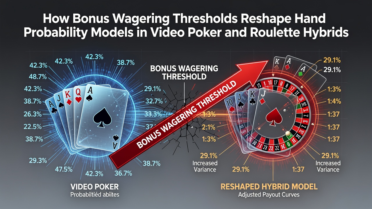 Diagram showing probability adjustments in video poker and roulette hybrid games due to wagering thresholds