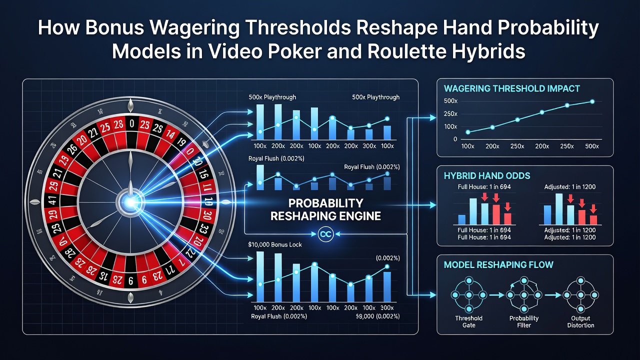 Flowchart illustrating how wagering thresholds modify expected values in combined video poker and roulette gameplay