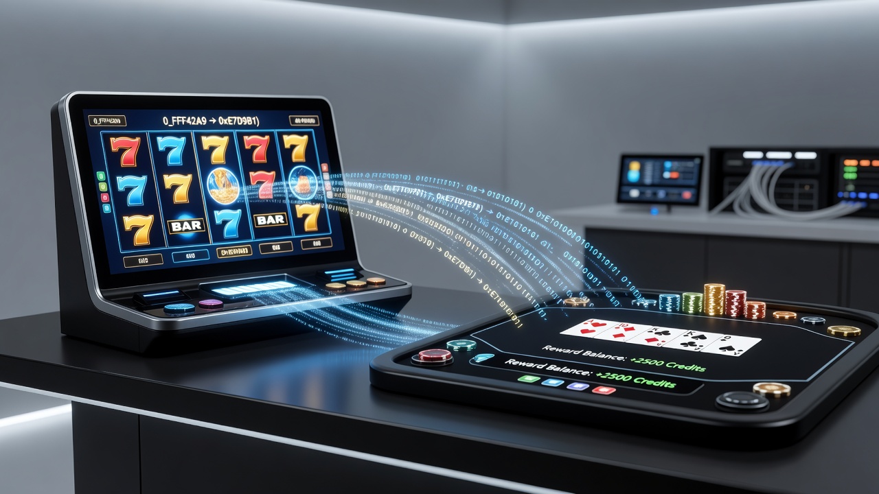 Digital reel machines connected through reward transfer protocols to electronic card tables in casino software environments
