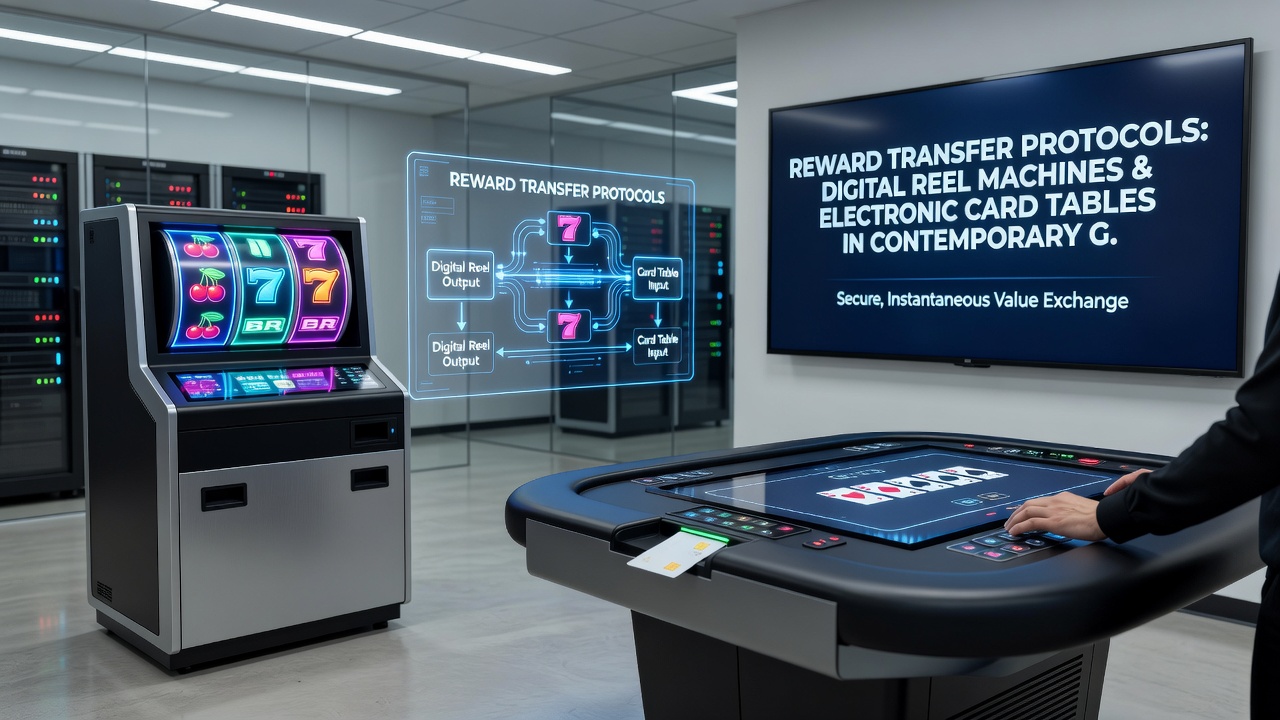 Electronic card table interface displaying synchronized reward balances transferred from digital reel machines