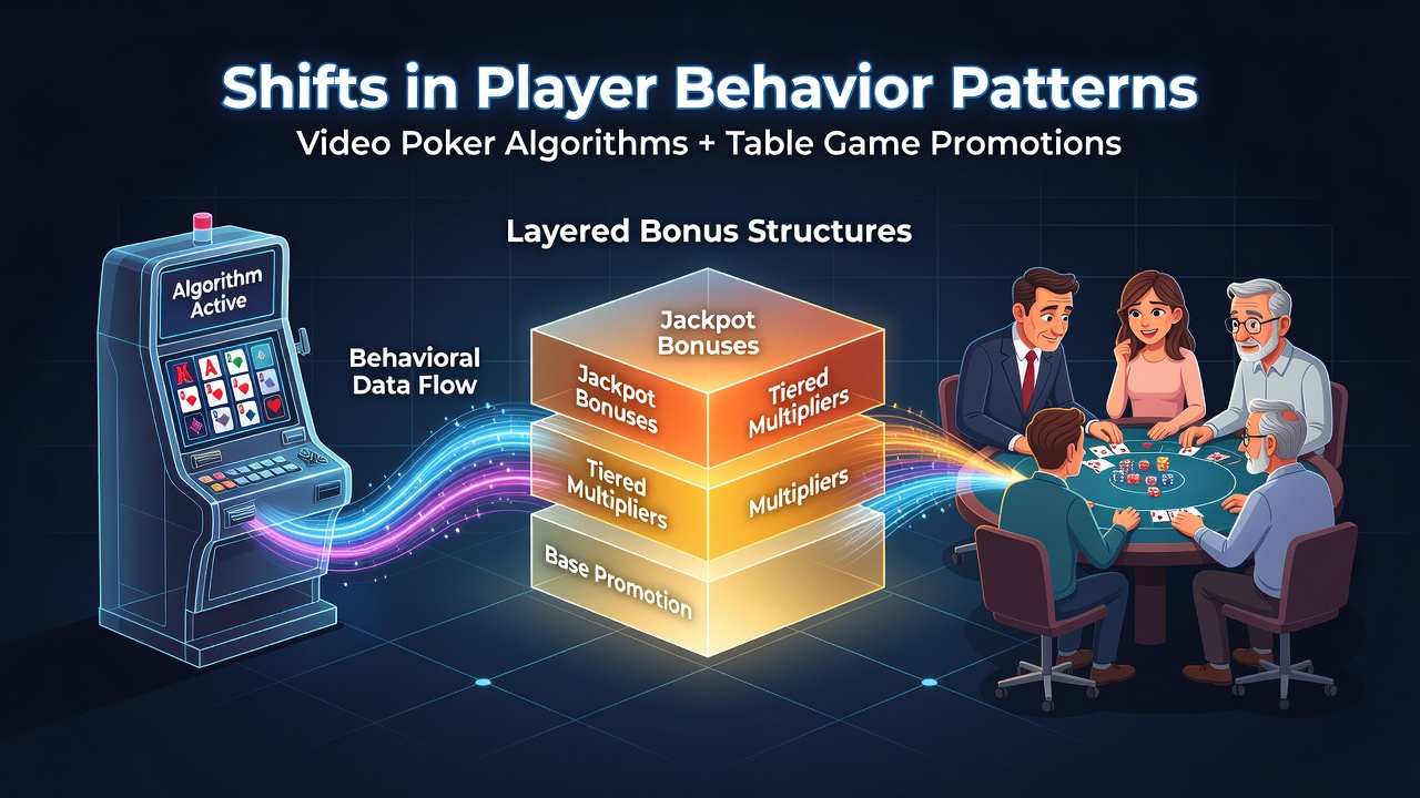 Diagram showing video poker algorithms linking to table game promotions and layered bonus structures in casino environments