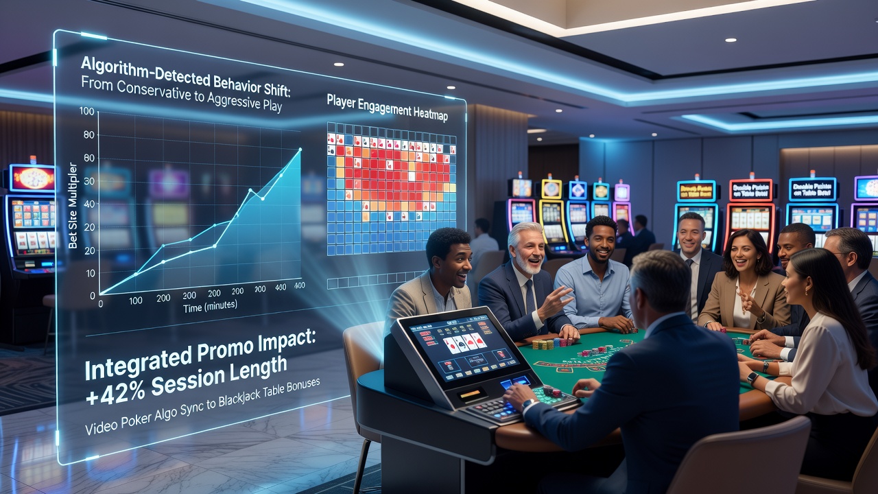 Casino floor layout illustrating player movement between video poker terminals and table game areas under connected bonus systems