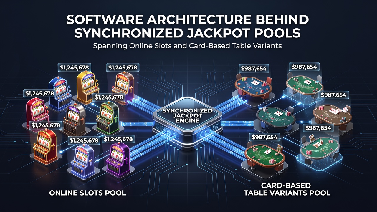 Diagram showing interconnected servers managing jackpot contributions from slot machines and digital card tables