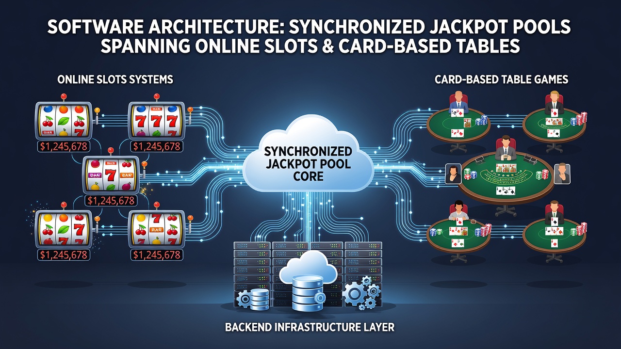 Flowchart illustrating data exchange between slot servers, table game engines, and the shared jackpot database